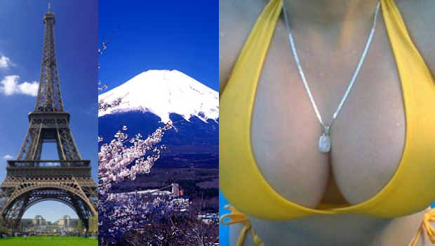 Picture of the Eiffel Tower, Mt. Fuji, and a woman's cleavage in a bikini top.